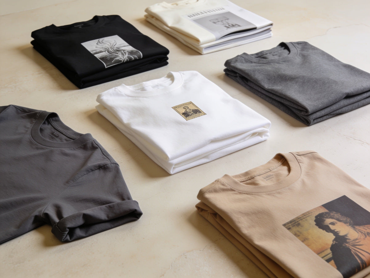 Gefaltete T-Shirts in Schwarz, Weiß, Grau und Beige mit verschiedenen grafischen Motiven