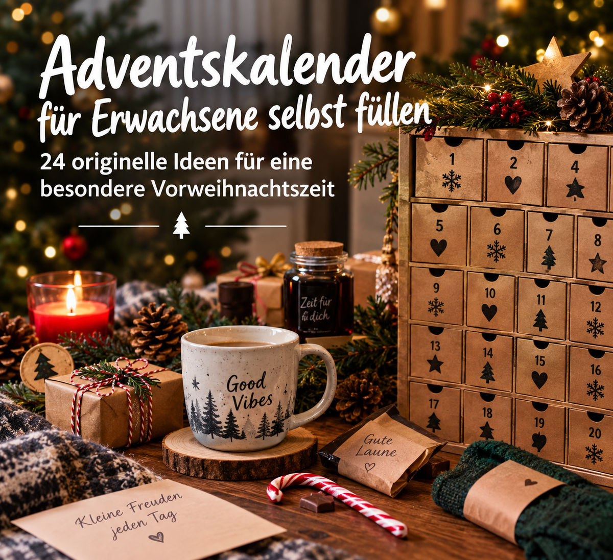 Adventskalender für Erwachsene selbst füllen: 24 originelle Ideen mit kleinen Geschenken, Tasse und Weihnachtsdekoration