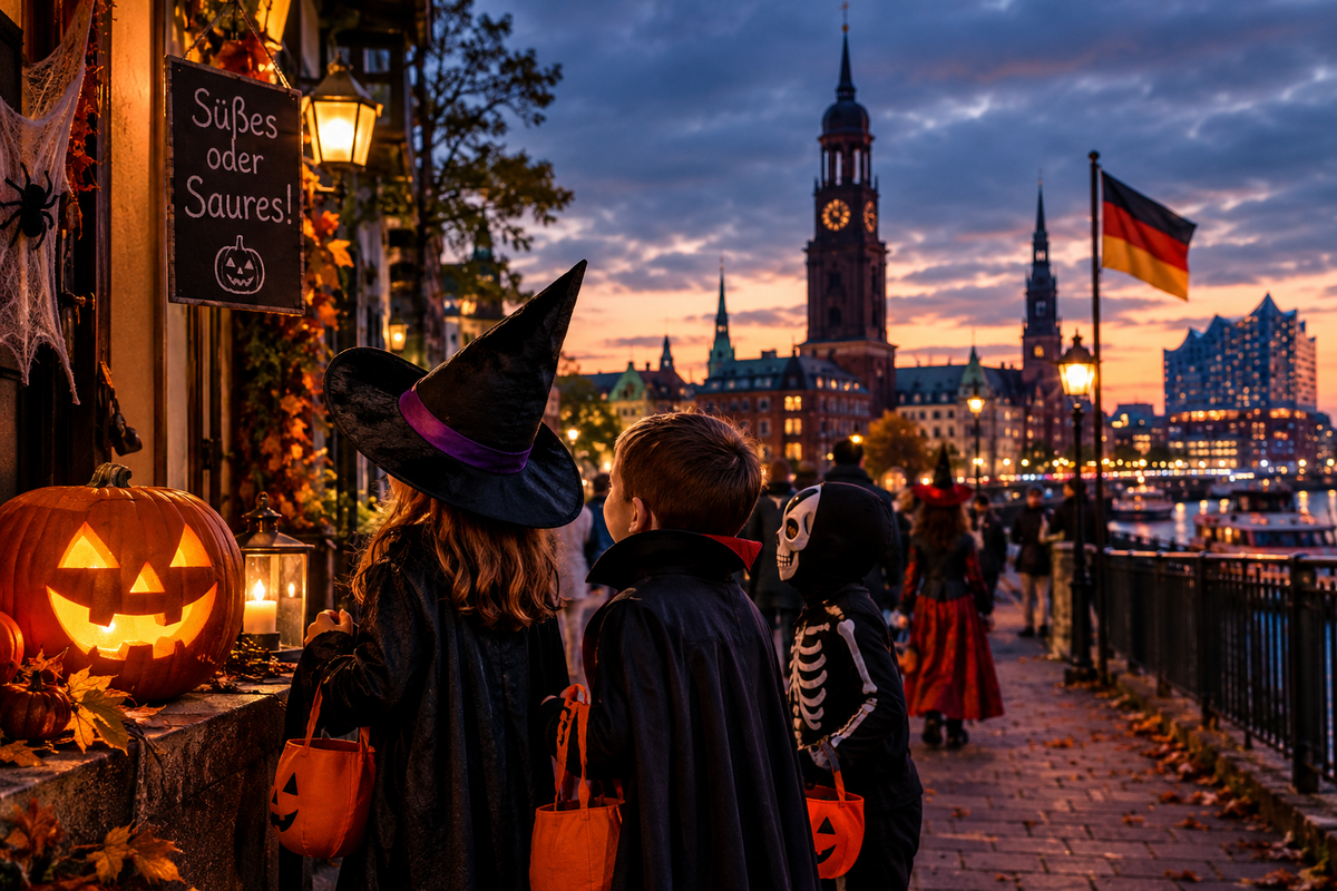 Halloween in Deutschland mit Kürbissen, Kostümen und deutscher Stadtkulisse bei Dämmerung