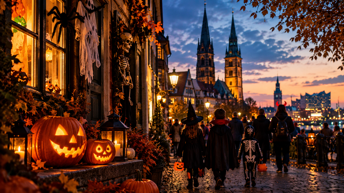 Halloween in Germany with pumpkins, costumes and a historic European street at dusk