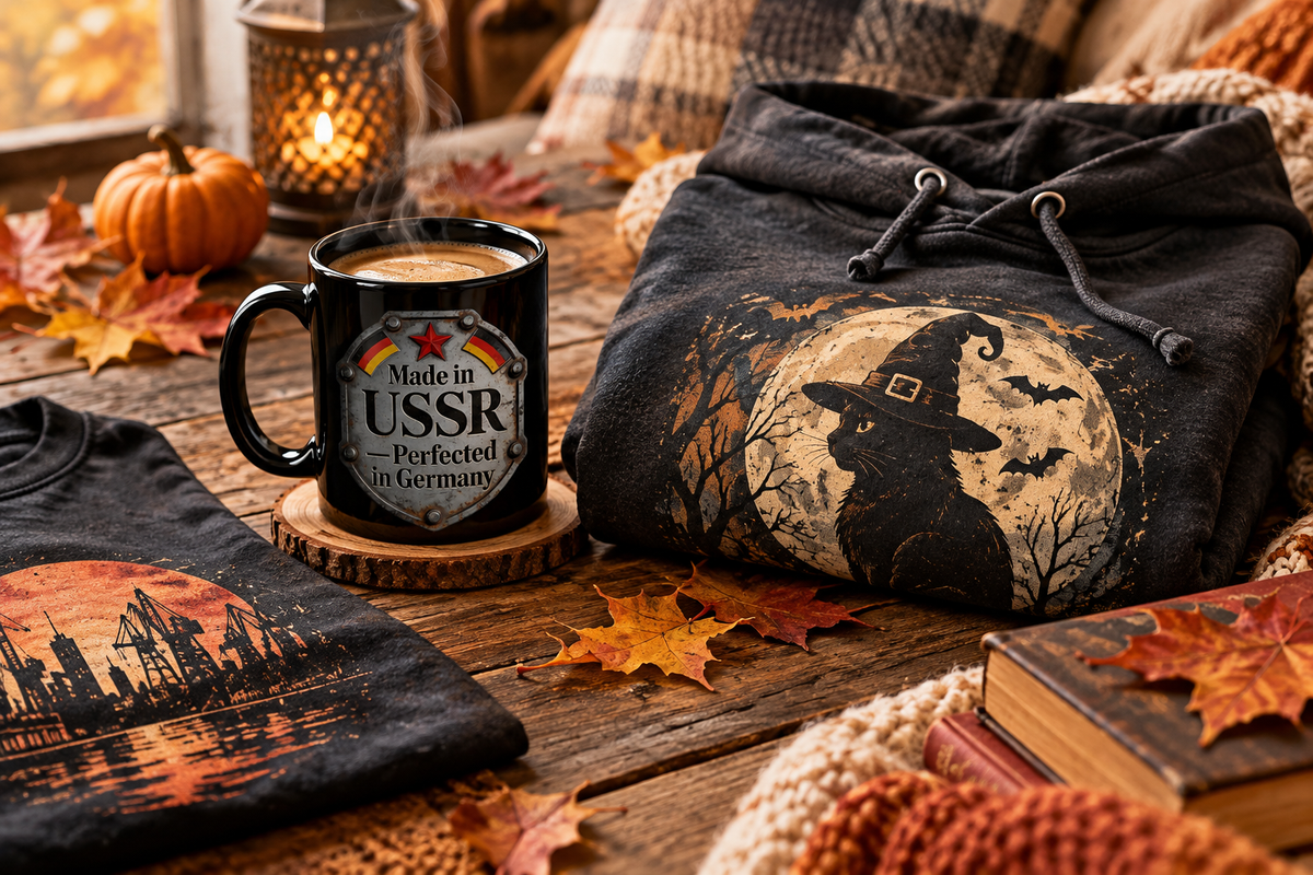 Gemütliche Herbstgeschenke: schwarze Tasse, bedruckter Hoodie und T-Shirt auf rustikalem Holztisch mit Herbstlaub