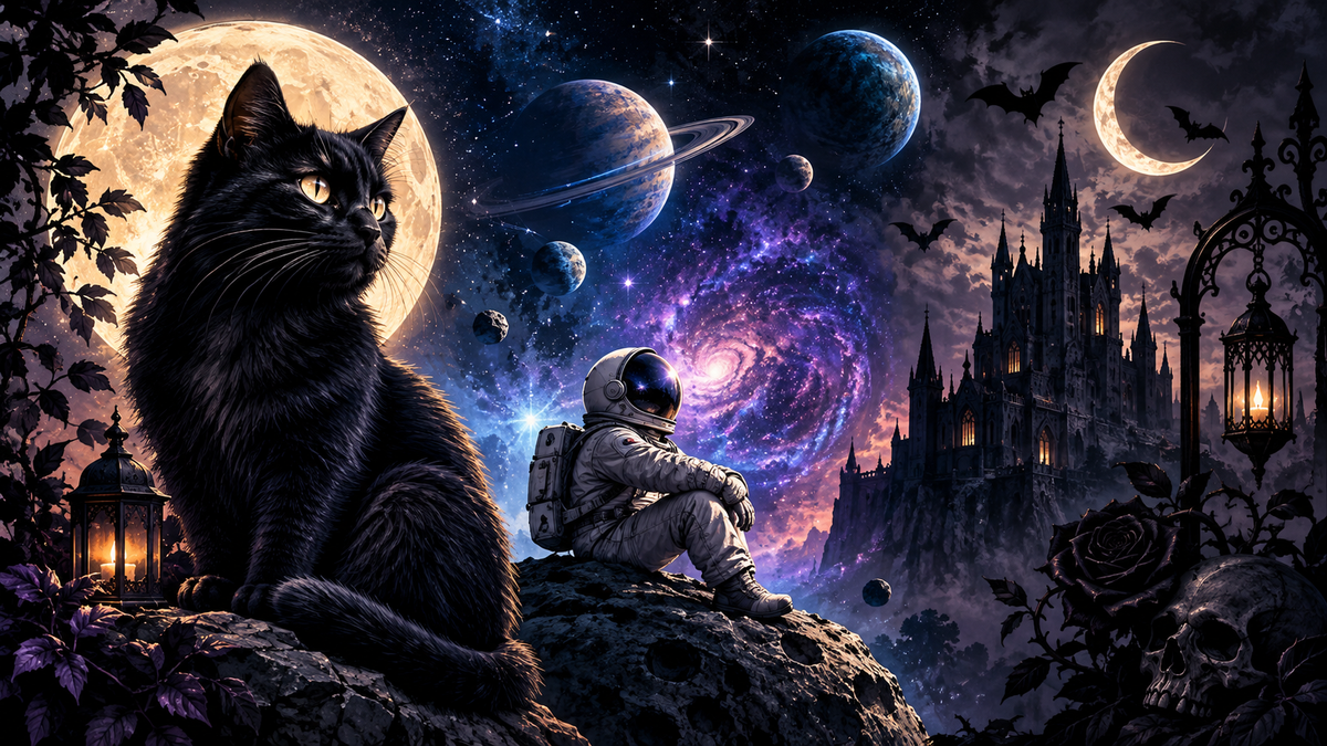 Schwarze Katze im Mondlicht, Astronaut im Weltraum und gotische Burg mit Fledermäusen
