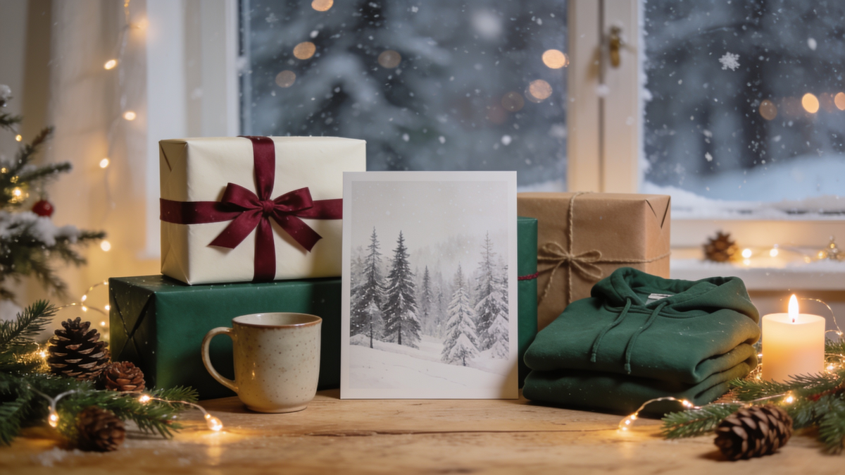 Kreative Weihnachtsgeschenke 2026 mit Geschenkboxen, Tasse und winterlicher Dekoration