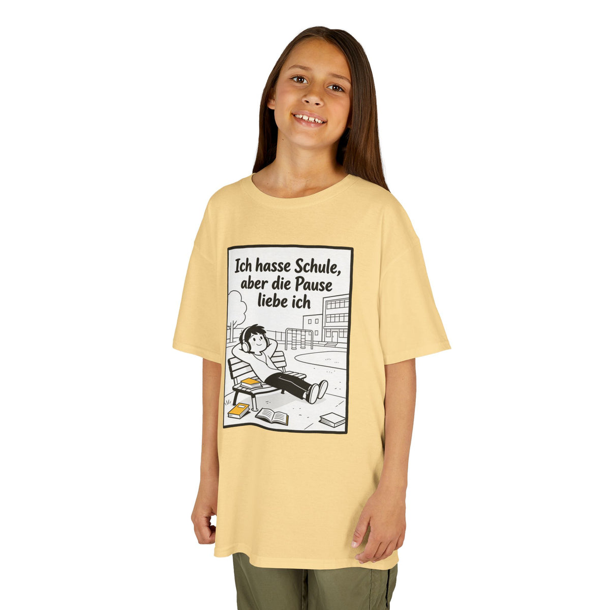 Kinder-T-Shirt – „Ich hasse Schule, aber die Pause liebe ich“ Cartoon-Schulpausen-Shirt