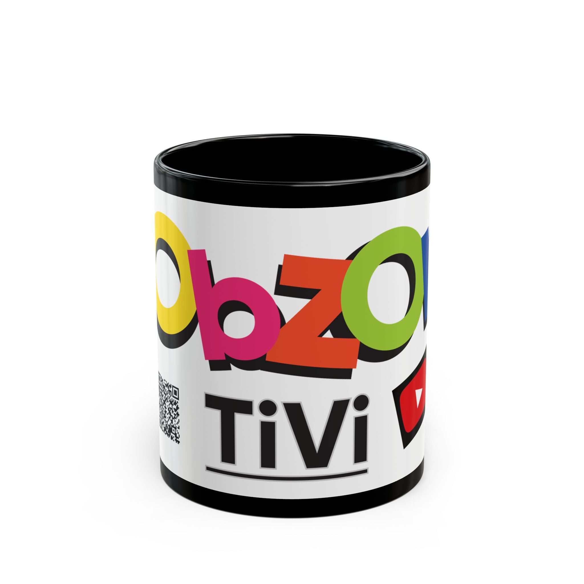 Colorful Logo Black Mug — Bold Branded Obzor TiVi Coffee Cup (11oz, 15oz)
