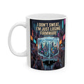 Cyberpunk Ice Cube Mug – "I don't sweat, I'm just losing firmware" Neon City Ceramic Coffee Cup (11oz/15oz)
