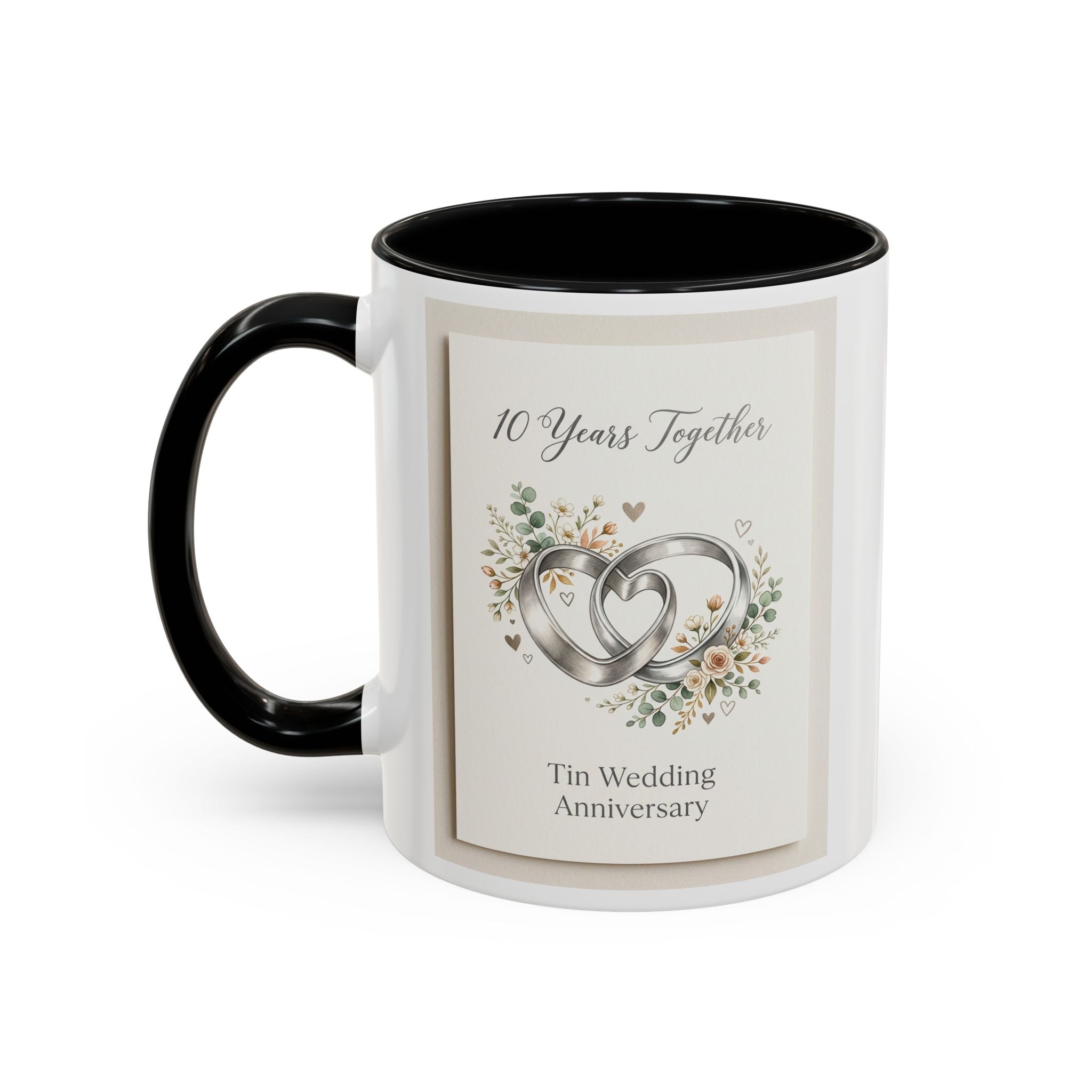 10th Wedding Anniversary Tin Rings Coffee Mug — '10 Years Together' Floral Accent