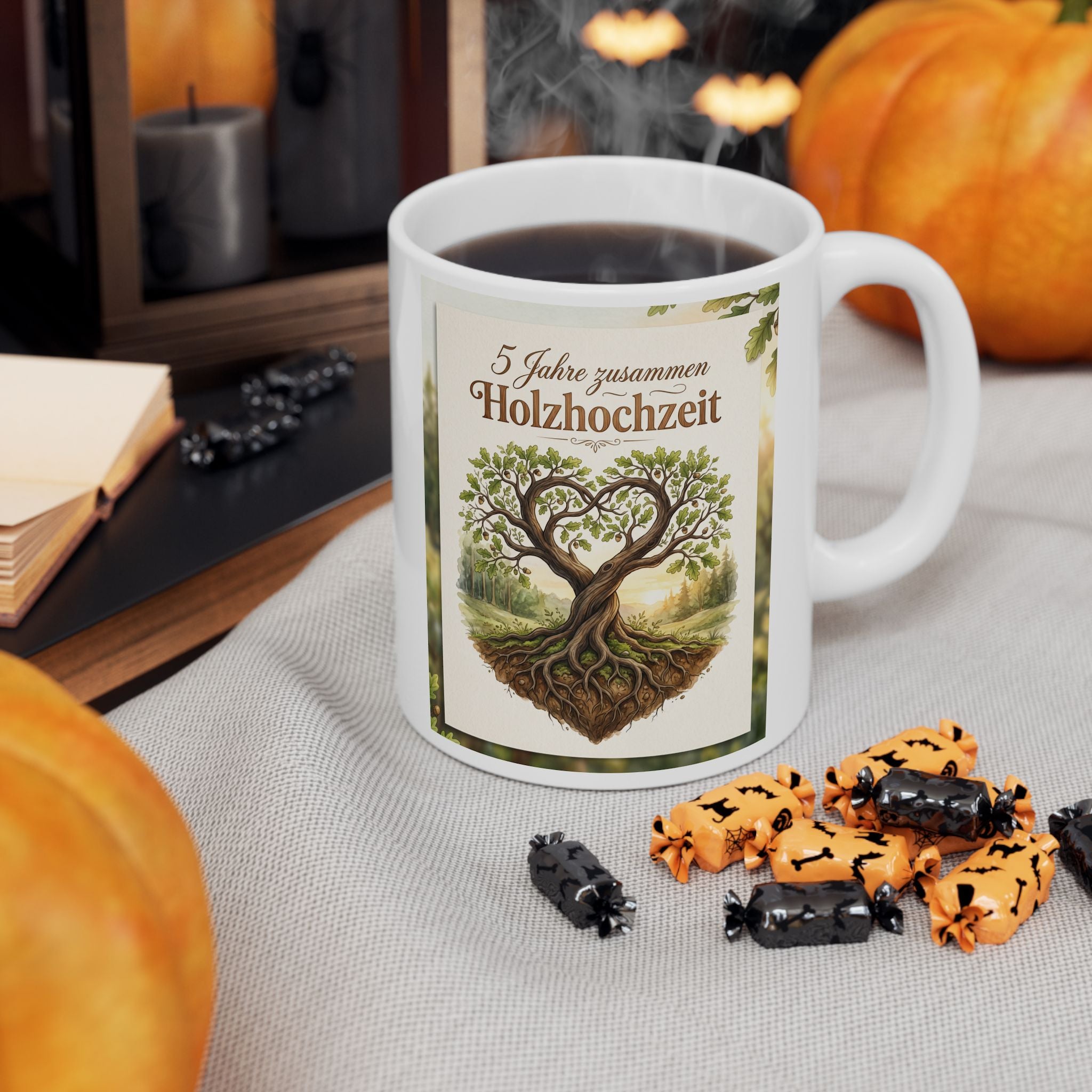 Vintage Family Tree Ceramic Mug – "5 Jahre zusammen - Holzhochzeit" Rustic 11oz/15oz, German