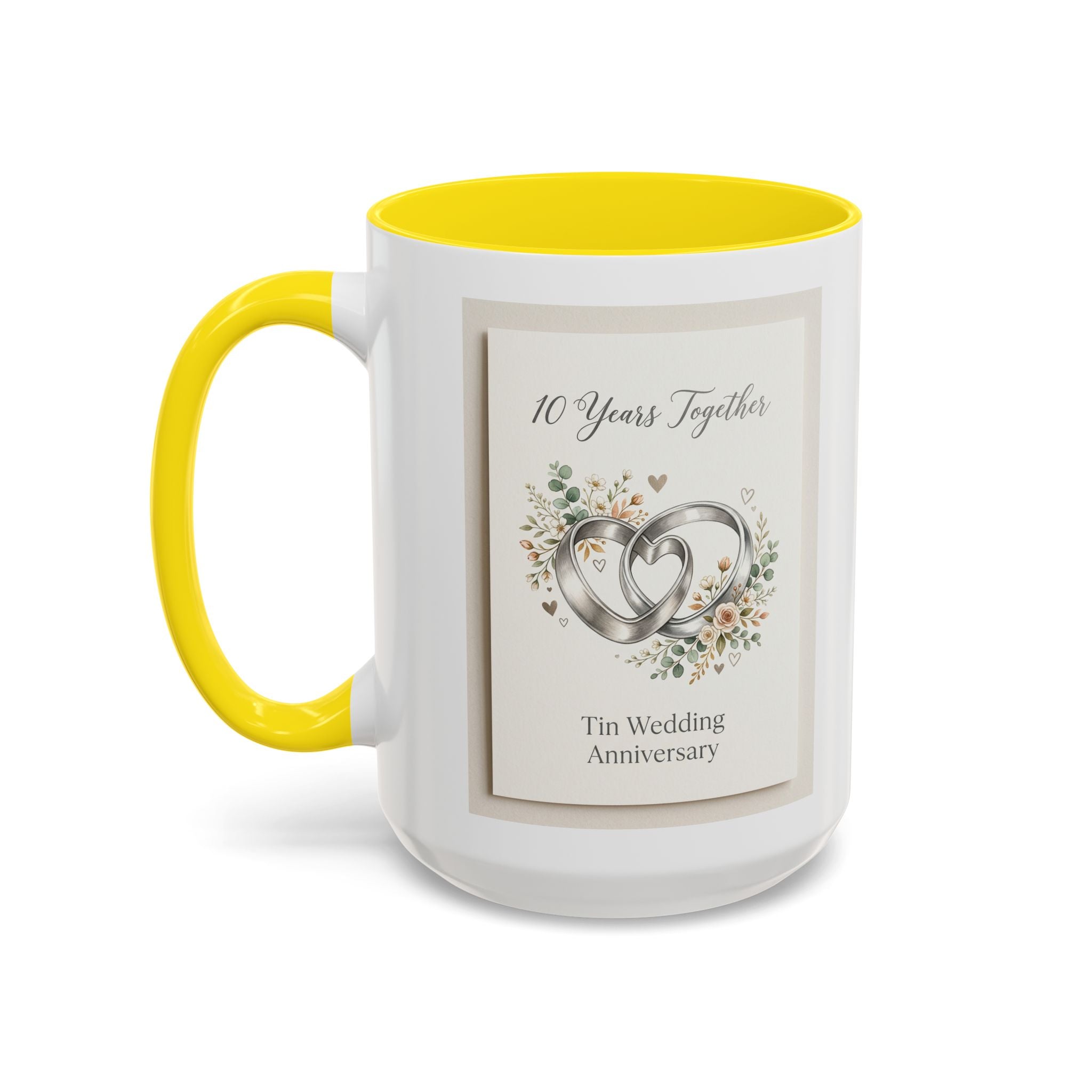 10th Wedding Anniversary Tin Rings Coffee Mug — '10 Years Together' Floral Accent