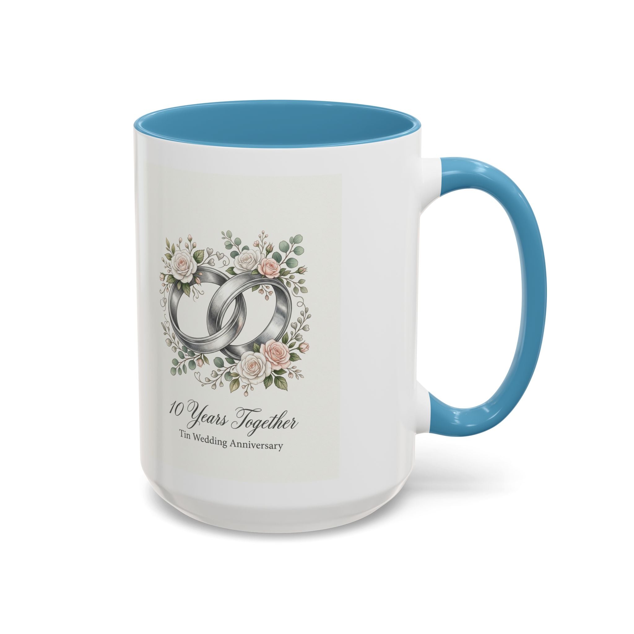 10th Wedding Anniversary Tin Rings Coffee Mug — '10 Years Together' Floral Accent