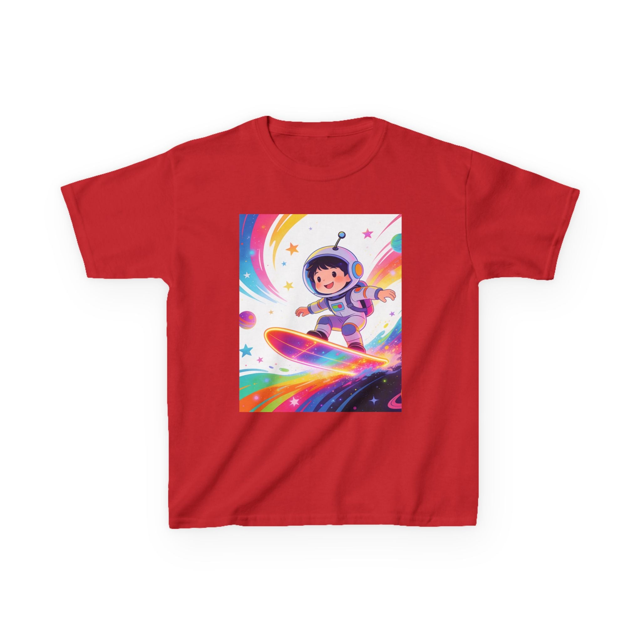 Kids Tee — Rainbow Space Surfing Astronaut Graphic