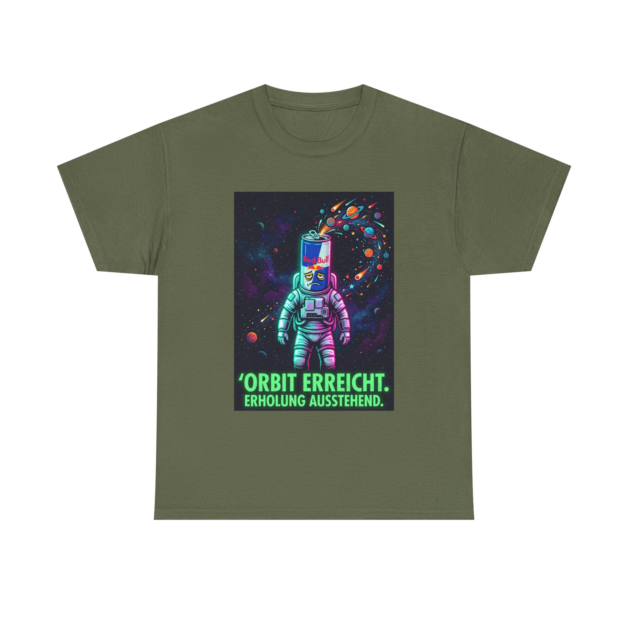 Astronaut Graphic Tee — “Orbit erreicht. Erholung ausstehend.” Neon Space Shirt
