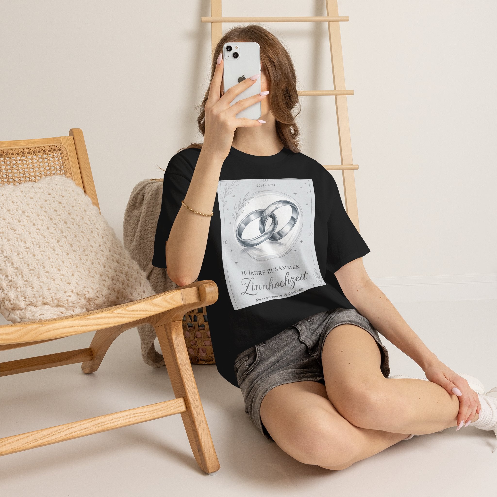 Zinnhochzeit 10 Years Anniversary T‑Shirt — Silver Rings 10 Jahre Zusammen Tee
