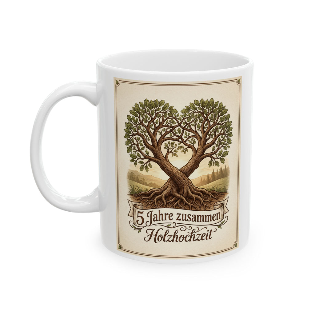 Vintage Family Tree Ceramic Mug – "5 Jahre zusammen - Holzhochzeit" Rustic 11oz/15oz, German