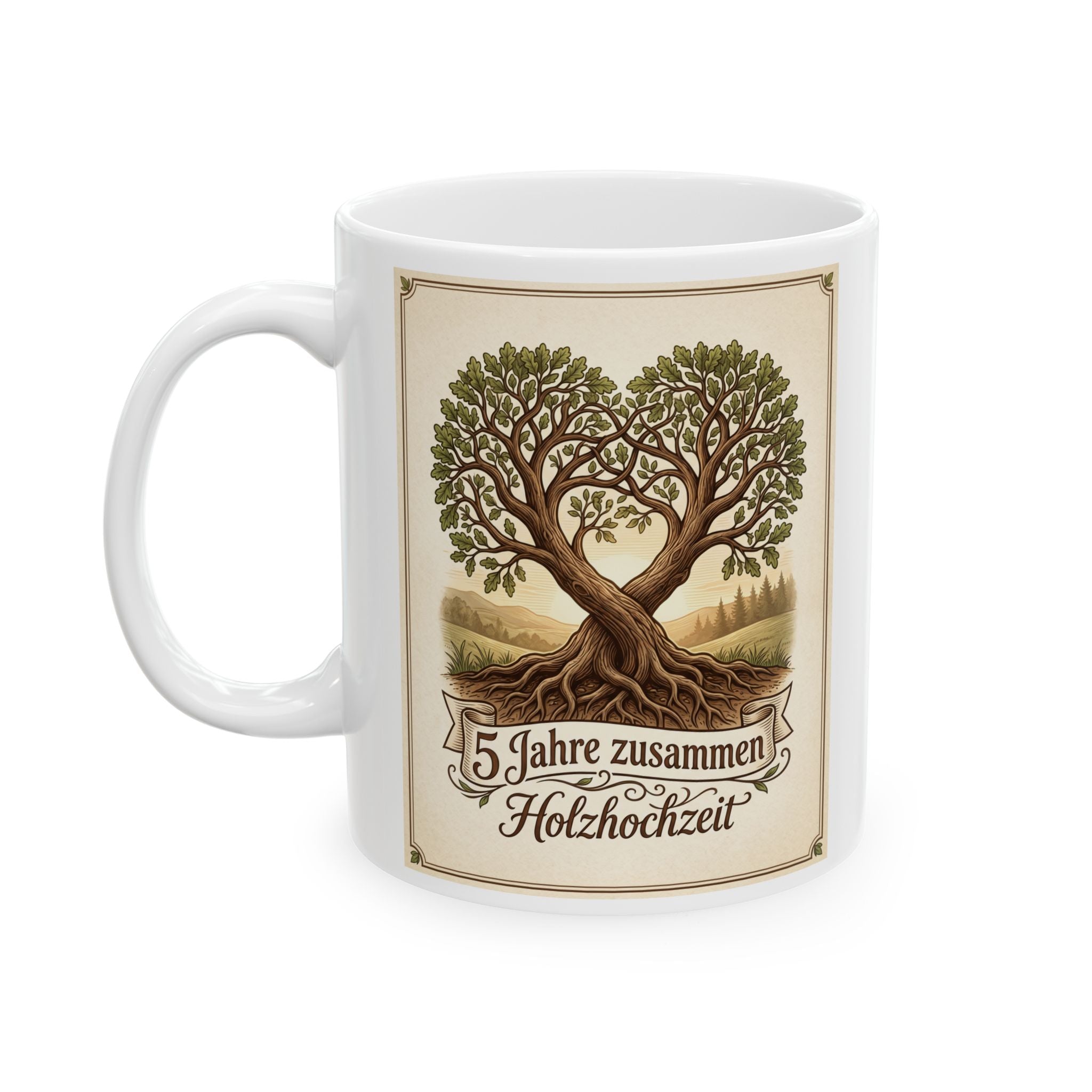 Vintage Family Tree Ceramic Mug – "5 Jahre zusammen - Holzhochzeit" Rustic 11oz/15oz, German