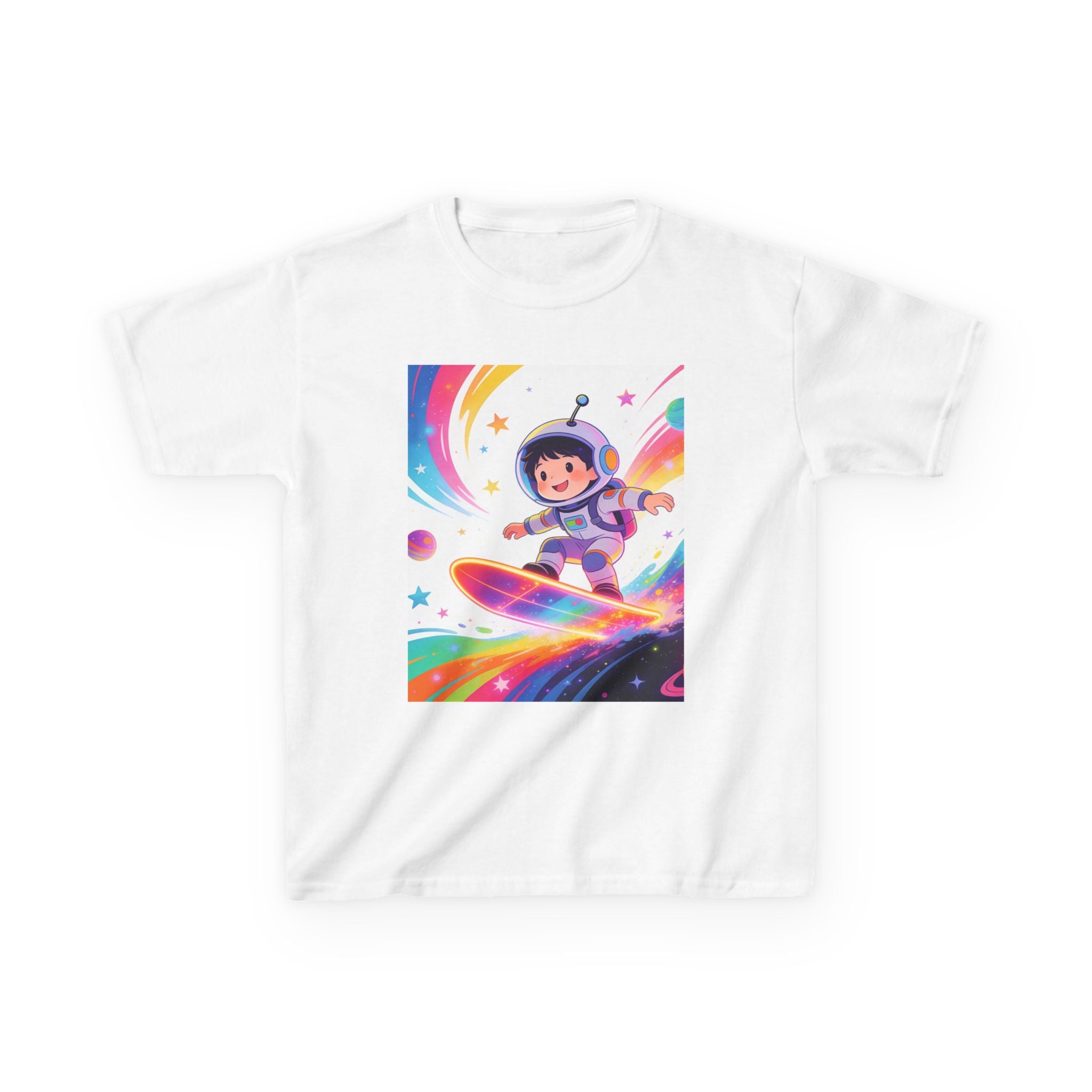 Kids Tee — Rainbow Space Surfing Astronaut Graphic