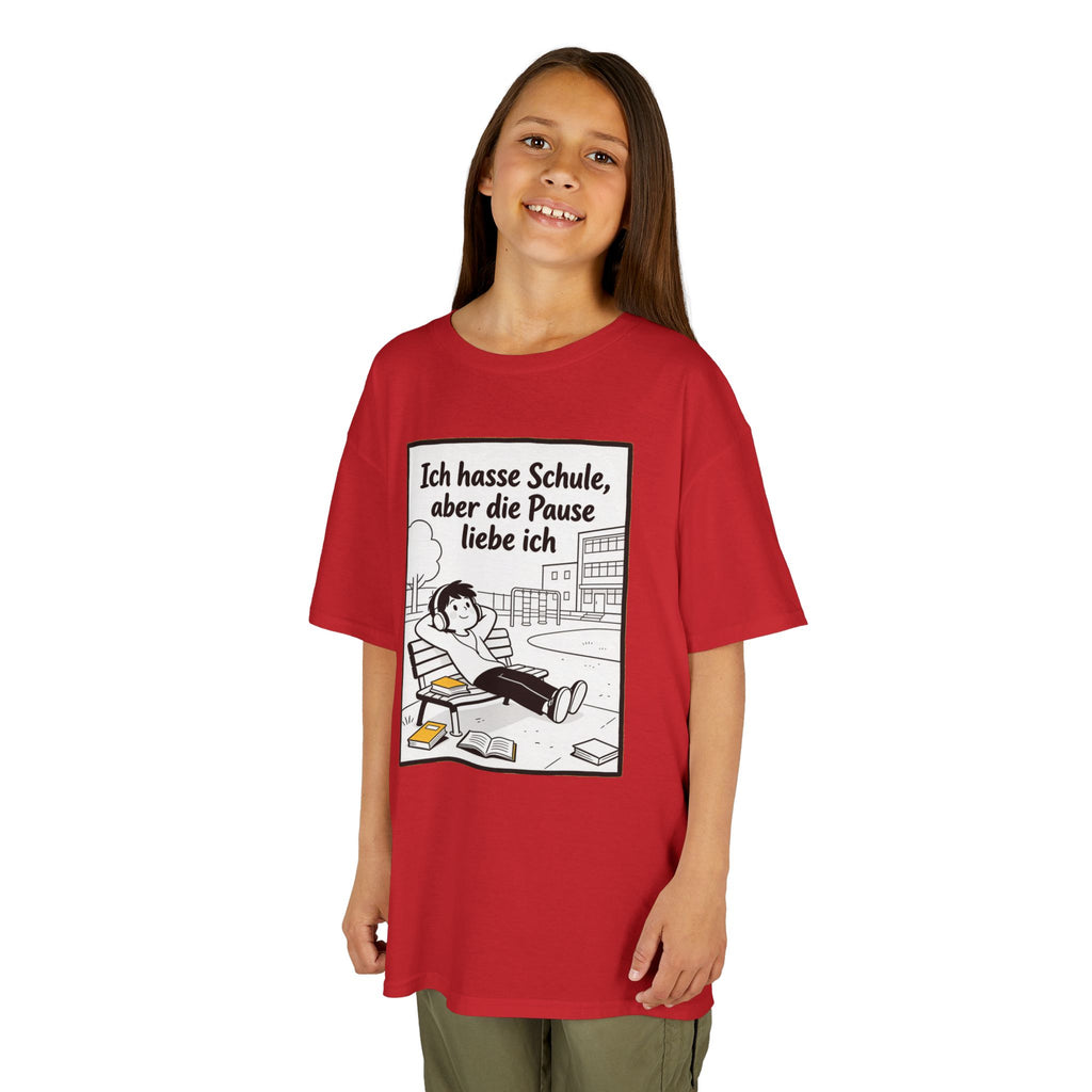 Kinder-T-Shirt – „Ich hasse Schule, aber die Pause liebe ich“ Cartoon-Schulpausen-Shirt