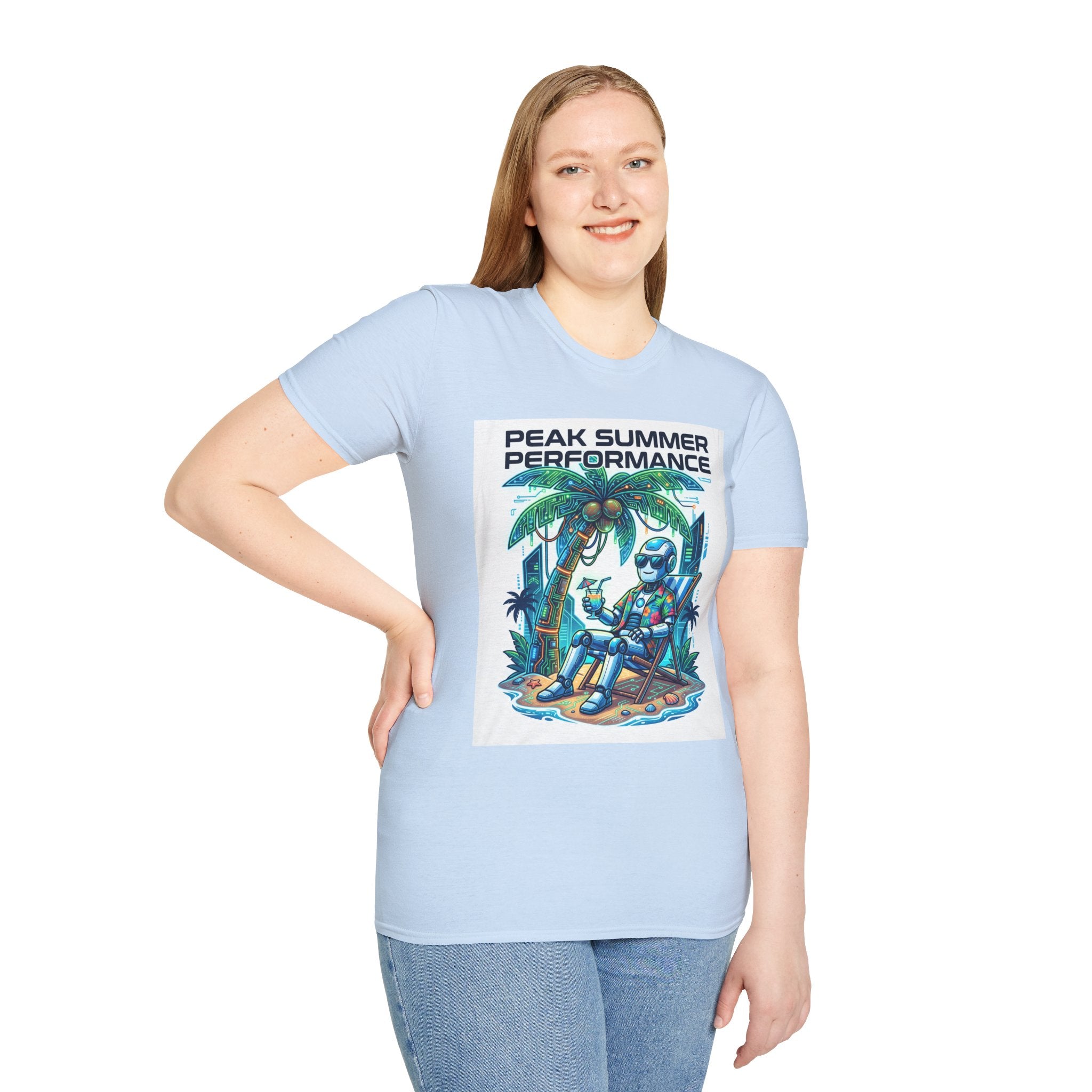 Peak Summer Performance T-Shirt — Retro Palm Tree & Relaxing Robot Graphic Tee