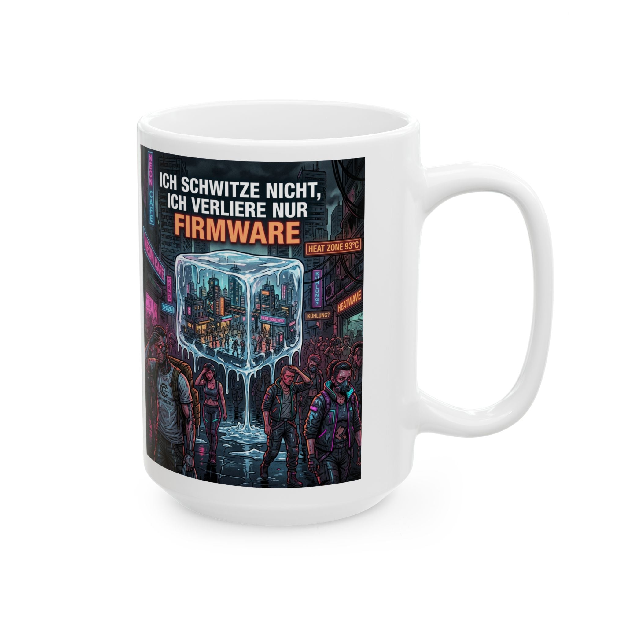 Cyberpunk Street Scene Ceramic Mug — Neon Night Coffee Cup with German Text