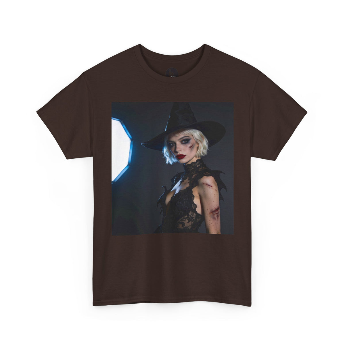 Gothic witch T-shirt with artistic witch portrait and dark Halloween design