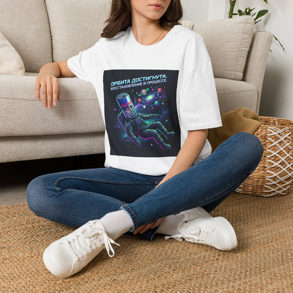 Orbital Reset T-Shirt — "Орбита достигнута. Восстановление в процессе." Cosmic Energy Drink Tee