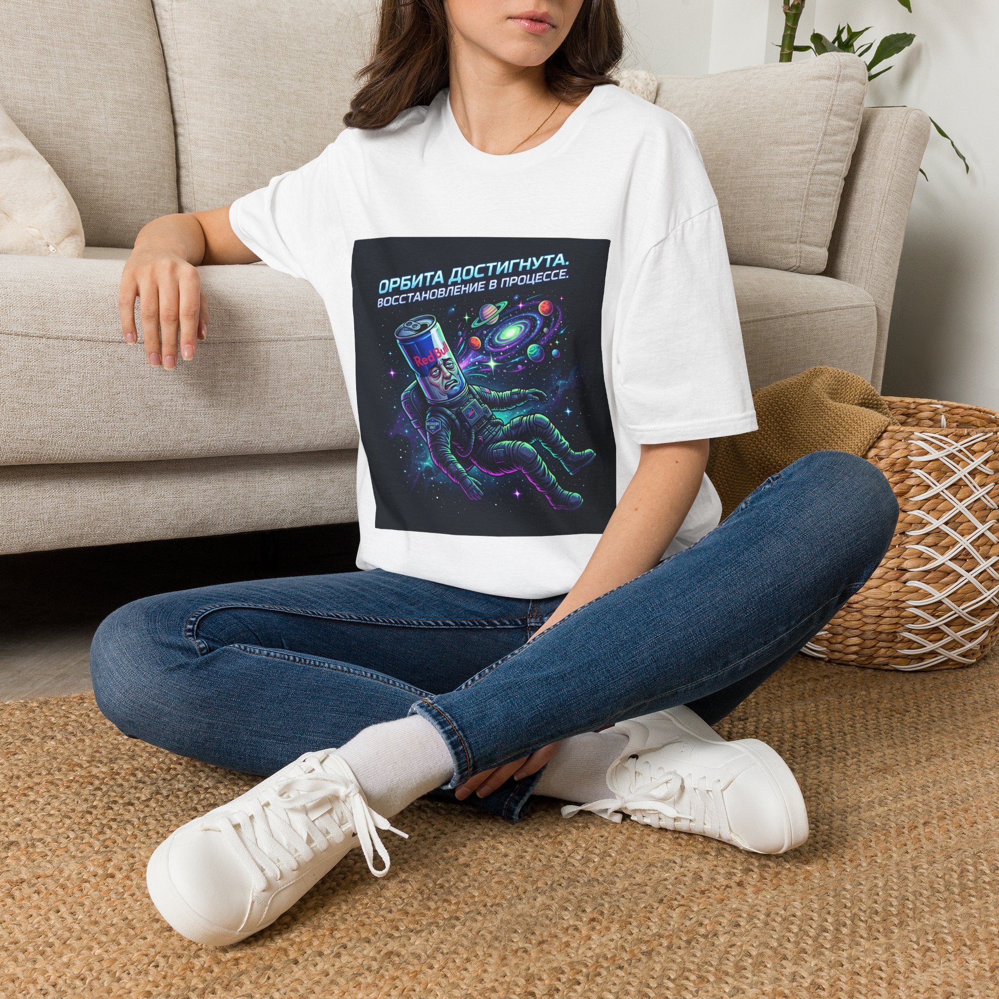 Orbital Reset T-Shirt — "Орбита достигнута. Восстановление в процессе." Cosmic Energy Drink Tee