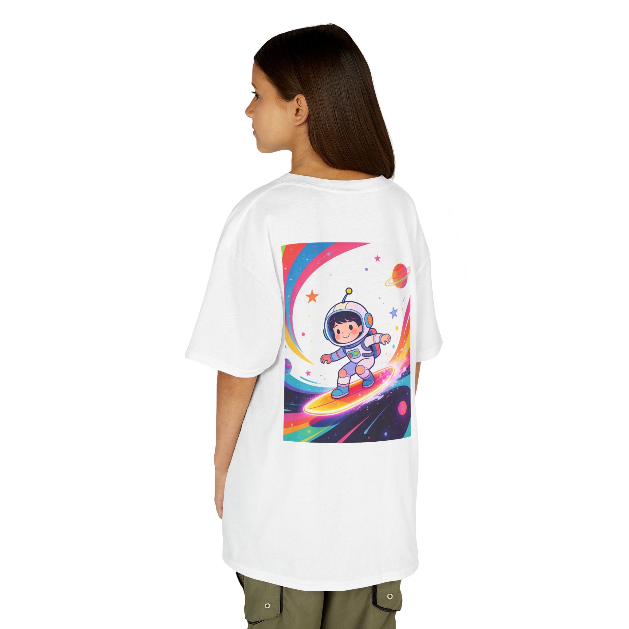 Kids Tee — Rainbow Space Surfing Astronaut Graphic