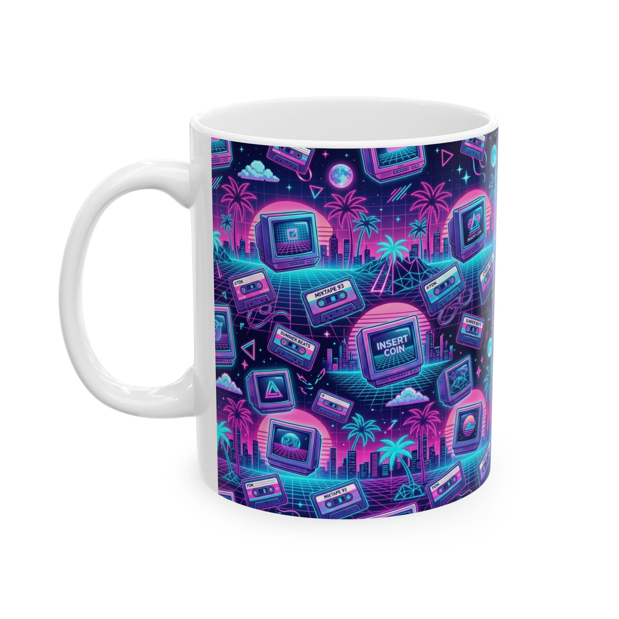 Retro Vaporwave Mug — Neon 80s Cassette & Palm Tree Ceramic Coffee Cup (11oz/15oz)