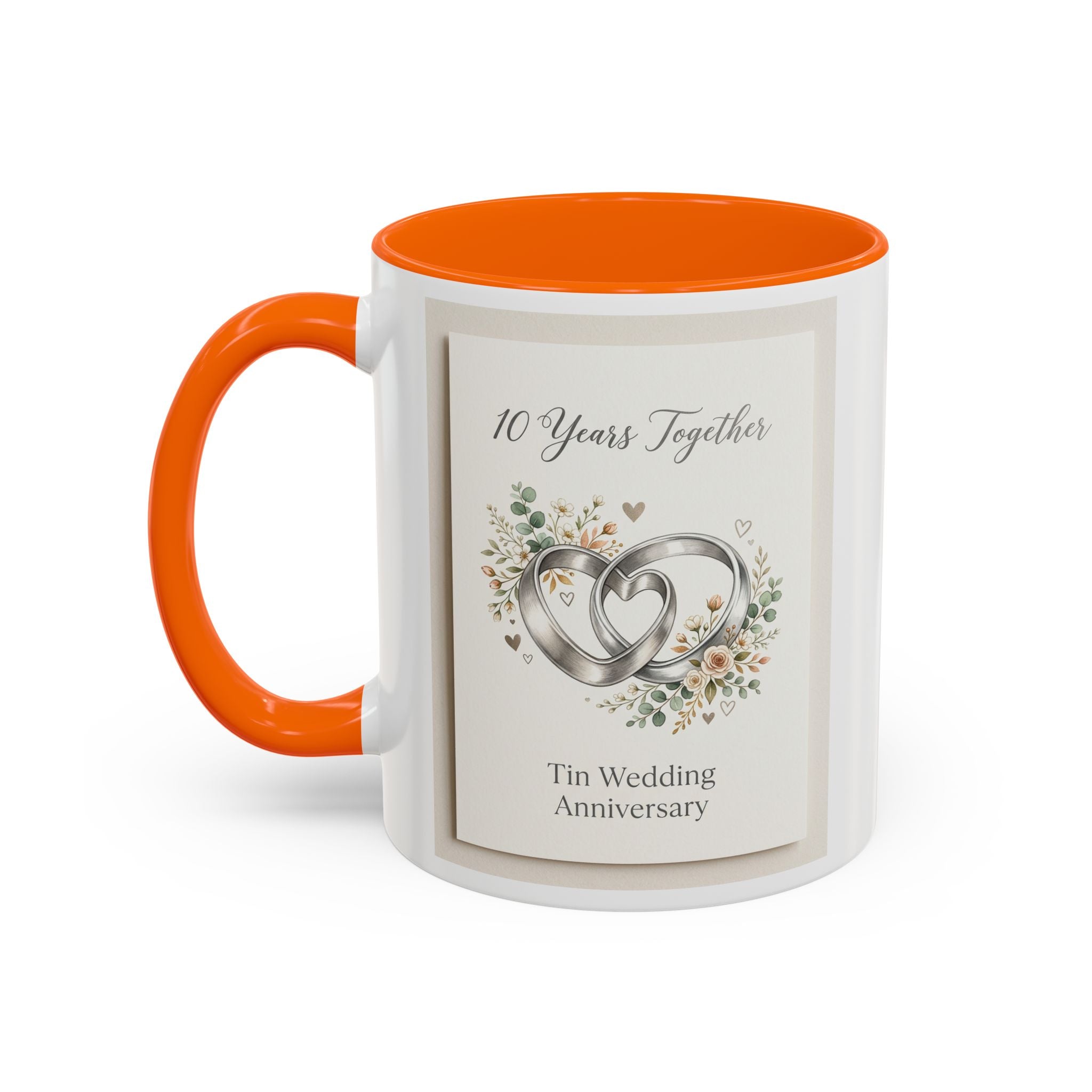 10th Wedding Anniversary Tin Rings Coffee Mug — '10 Years Together' Floral Accent