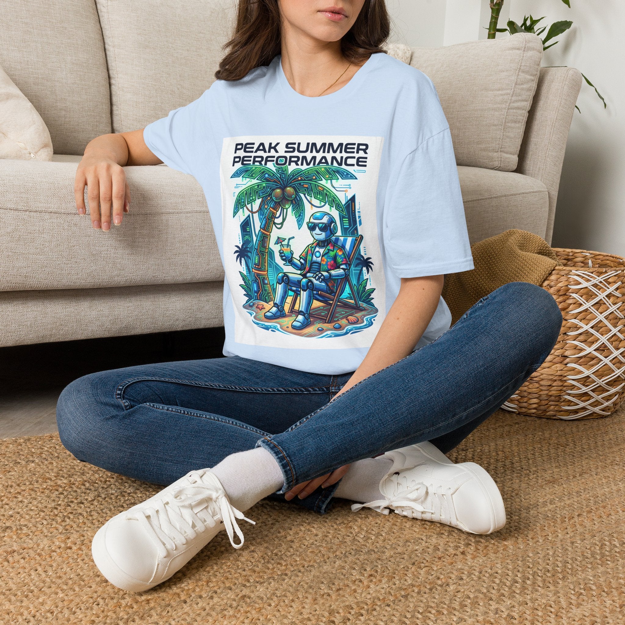 Peak Summer Performance T-Shirt — Retro Palm Tree & Relaxing Robot Graphic Tee