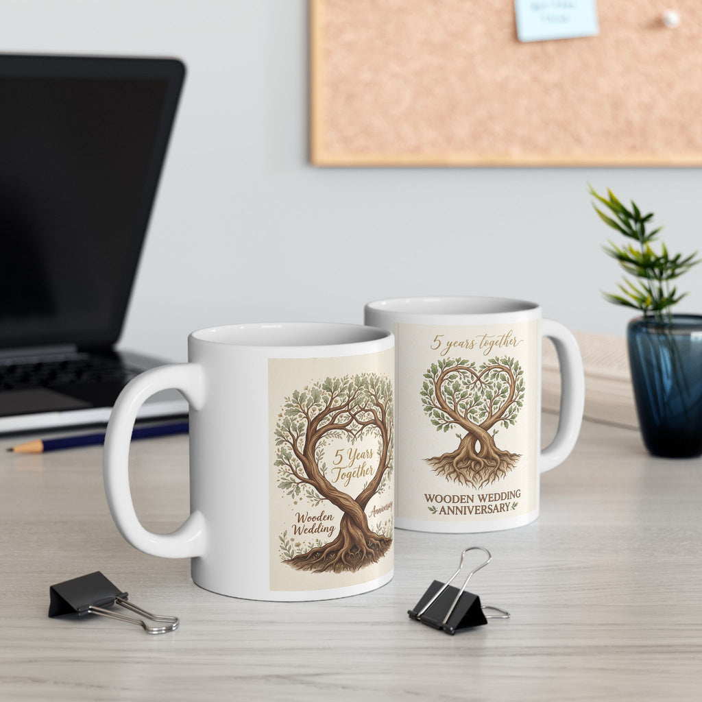Woodland Family Tree Ceramic Mug — 5 Year Anniversary Coffee Cup
