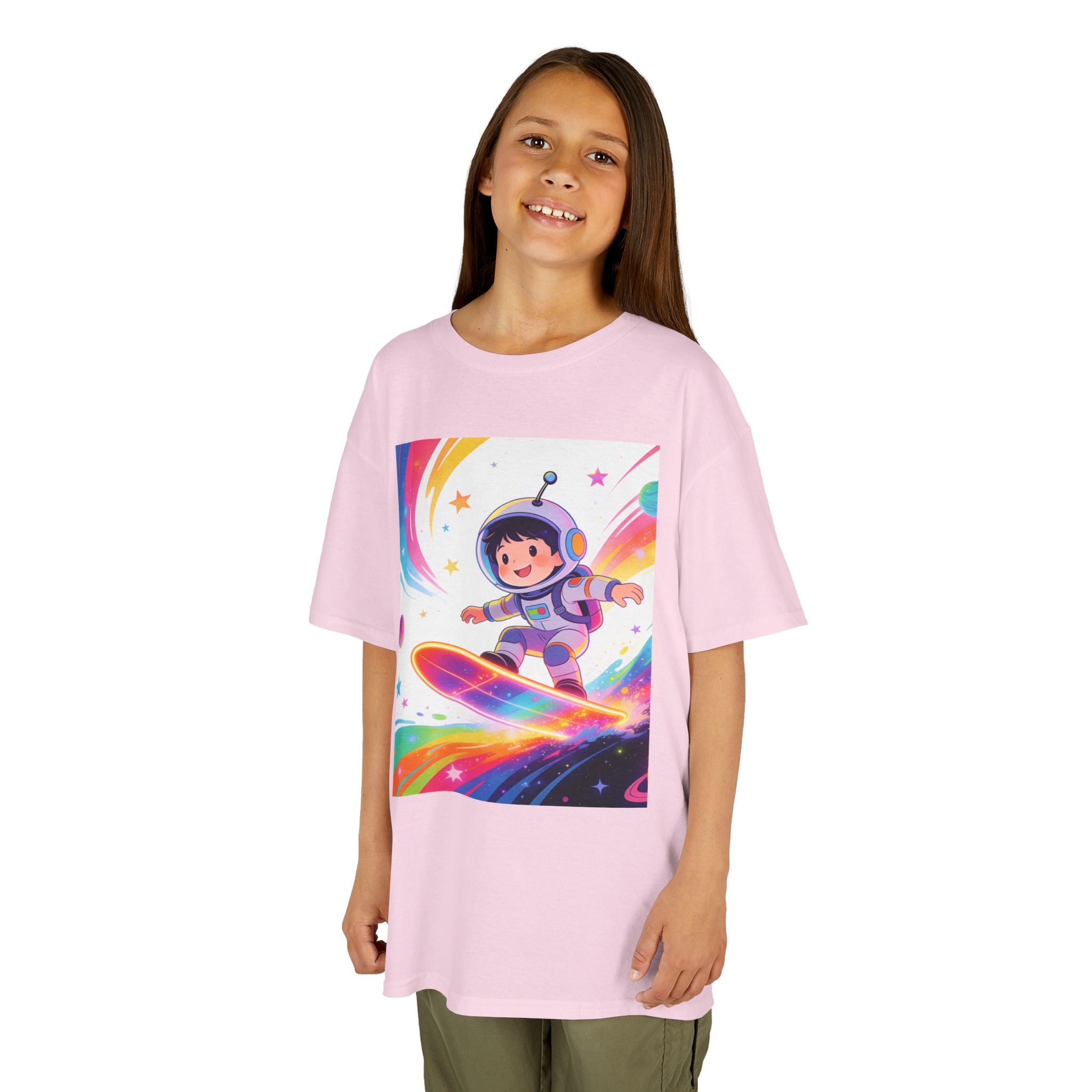 Kids Tee — Rainbow Space Surfing Astronaut Graphic