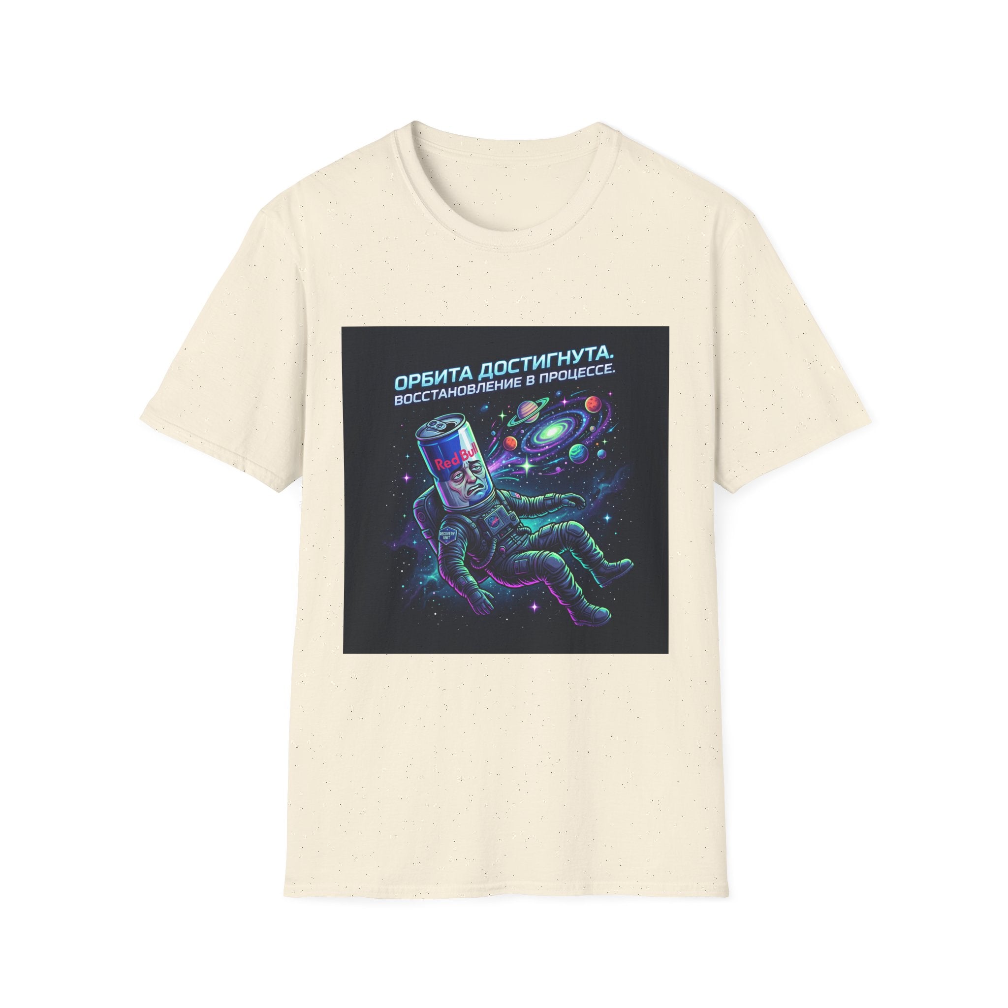 Orbital Reset T-Shirt — "Орбита достигнута. Восстановление в процессе." Cosmic Energy Drink Tee