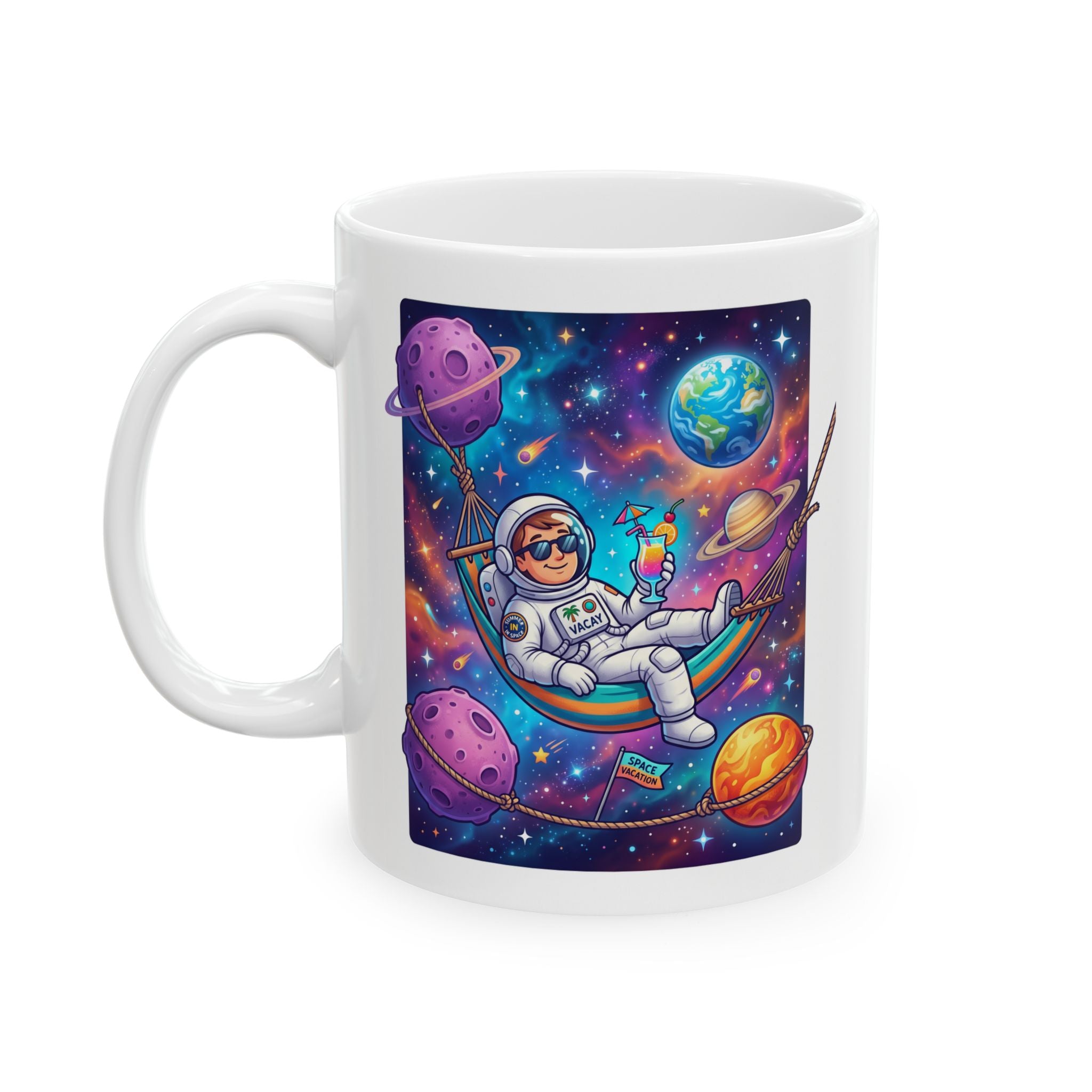 Space Witch Ceramic Mug – Colorful Cosmic Planets Illustration (11oz & 15oz)