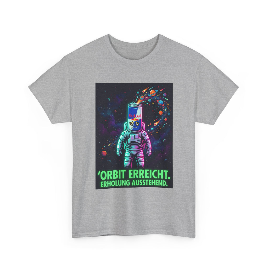Astronaut Graphic Tee — “Orbit erreicht. Erholung ausstehend.” Neon Space Shirt