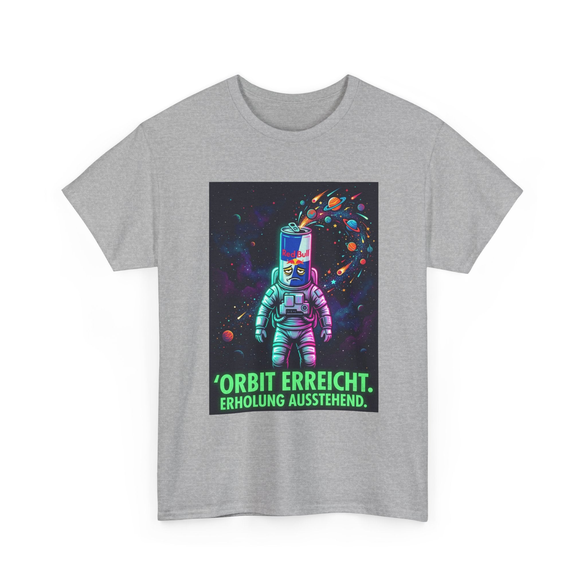 Astronaut Graphic Tee — “Orbit erreicht. Erholung ausstehend.” Neon Space Shirt