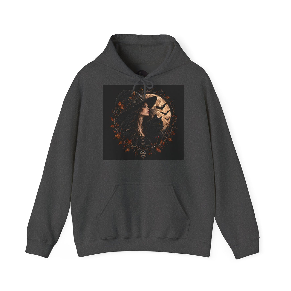 Gothic Halloween hoodie featuring a witch, full moon and black cat