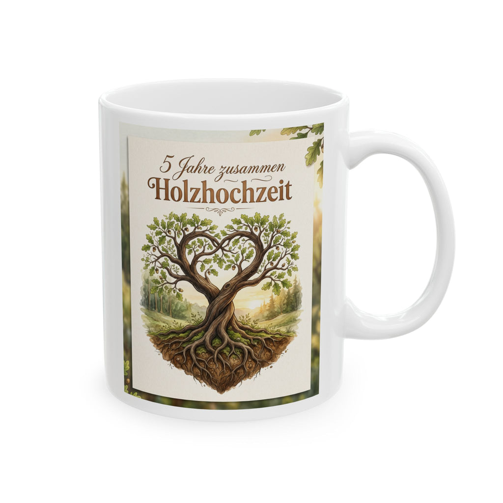 Vintage Family Tree Ceramic Mug – "5 Jahre zusammen - Holzhochzeit" Rustic 11oz/15oz, German