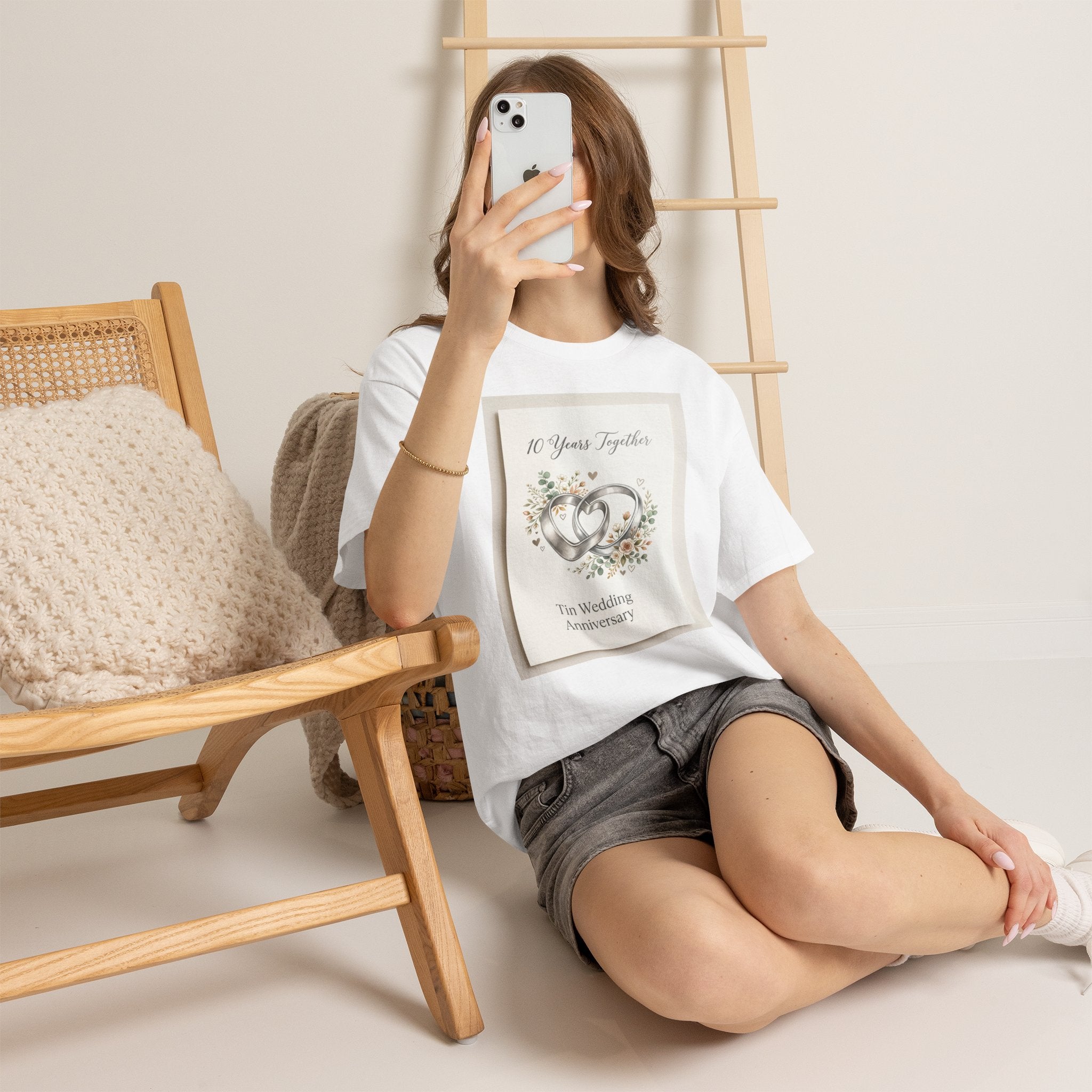10th Wedding Anniversary Tin Rings T-Shirt — "10 Years Together" Floral Design