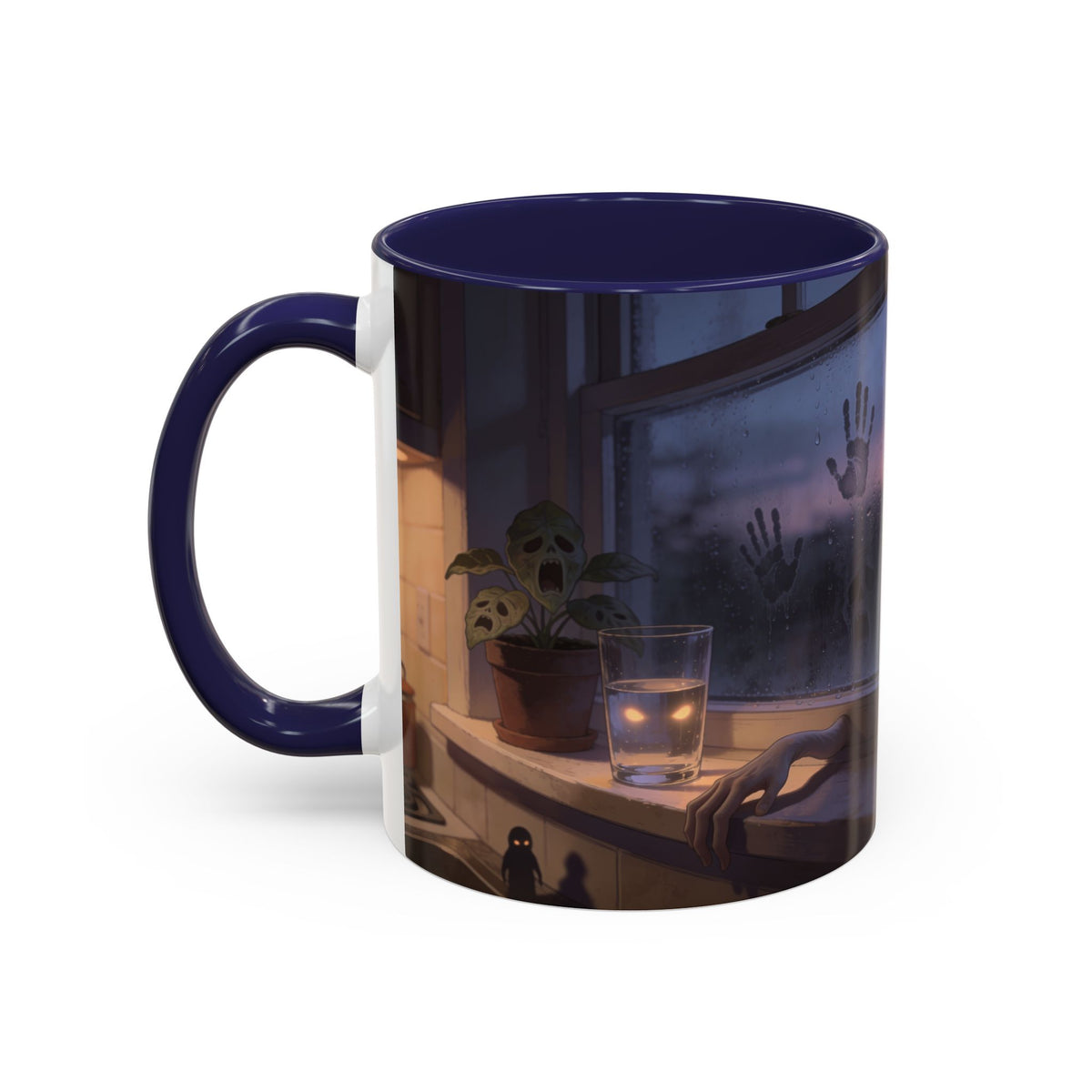 Spooky window handprints ceramic mug with colored interior, Halloween coffee cup