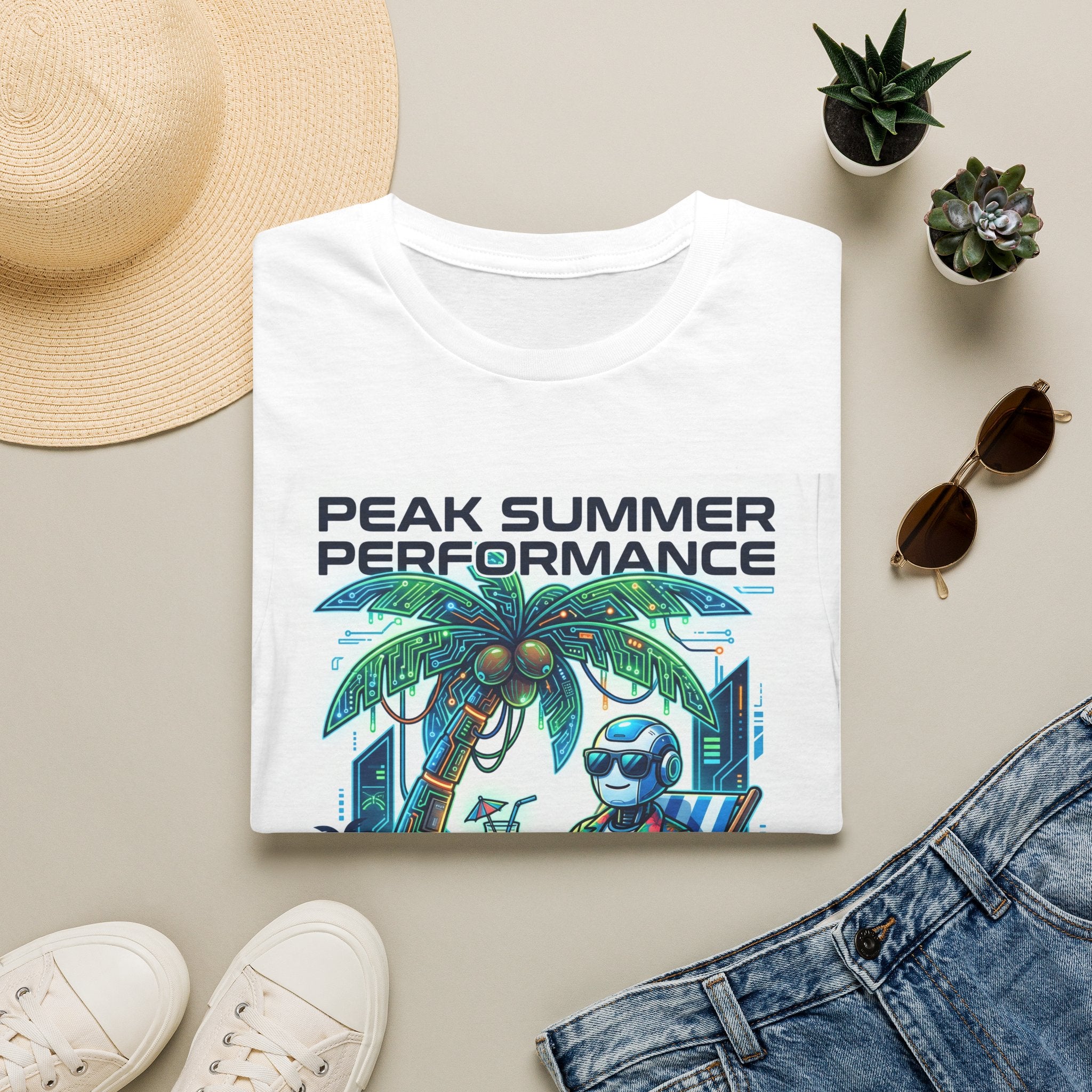 Peak Summer Performance T-Shirt — Retro Palm Tree & Relaxing Robot Graphic Tee