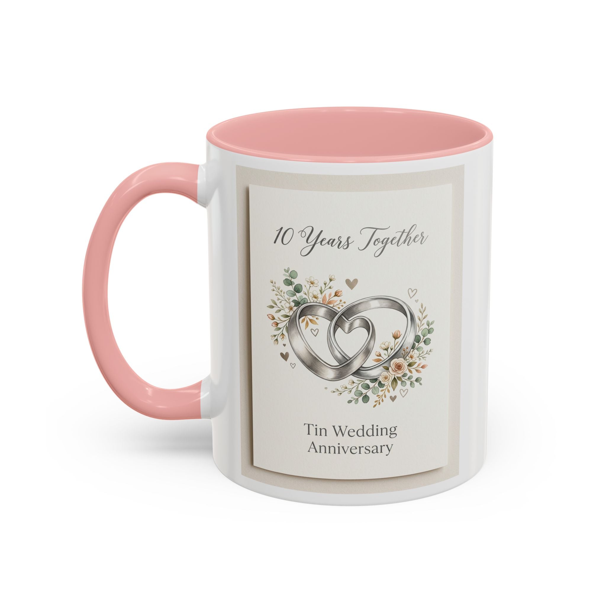 10th Wedding Anniversary Tin Rings Coffee Mug — '10 Years Together' Floral Accent