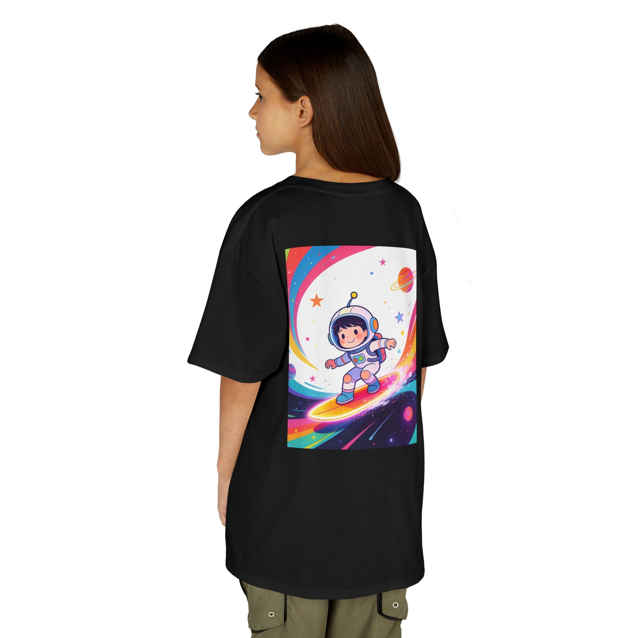Kids Tee — Rainbow Space Surfing Astronaut Graphic