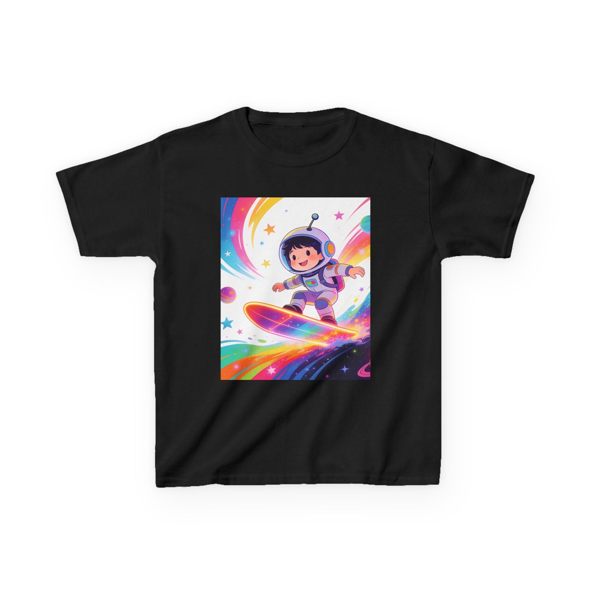 Kids Tee — Rainbow Space Surfing Astronaut Graphic