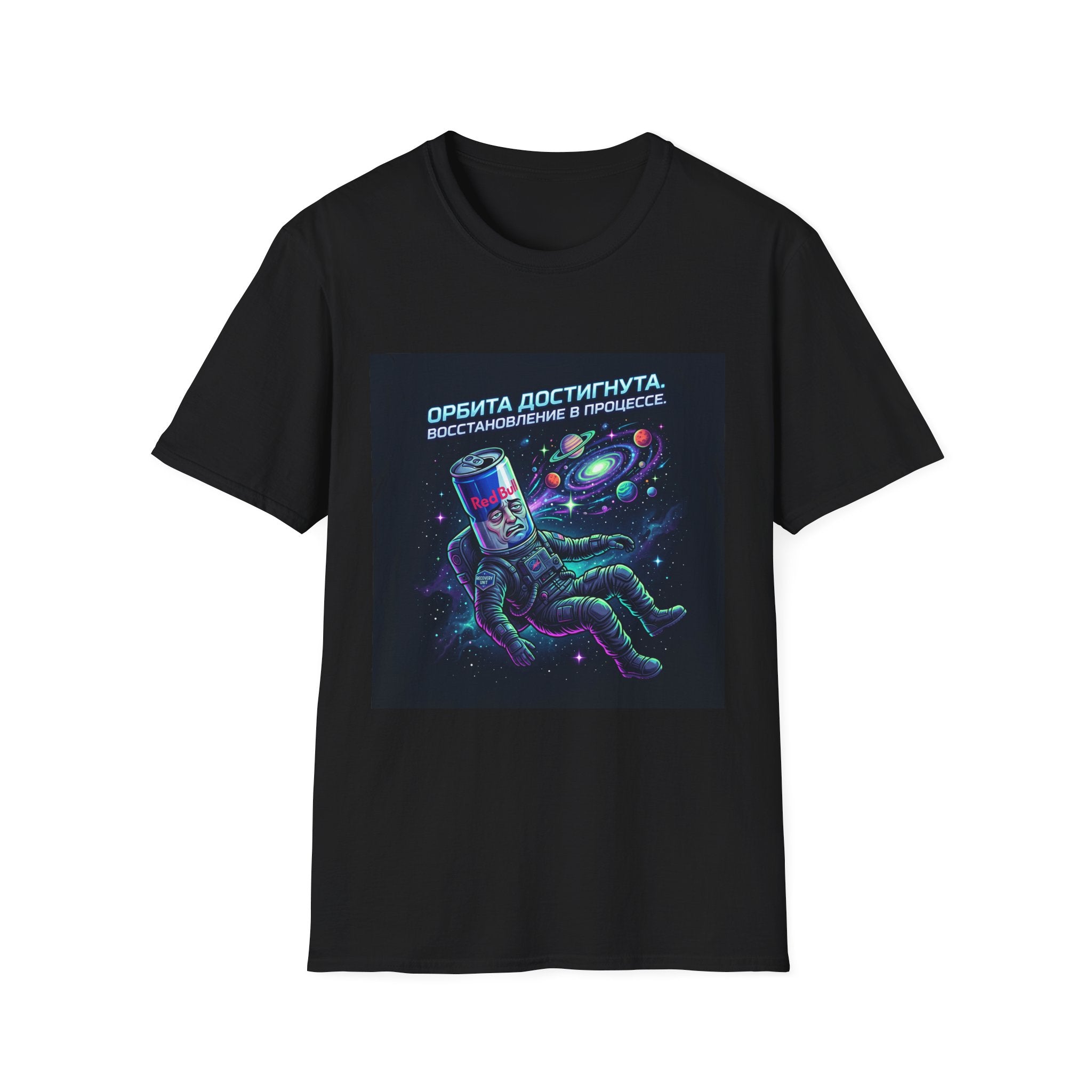 Orbital Reset T-Shirt — "Орбита достигнута. Восстановление в процессе." Cosmic Energy Drink Tee