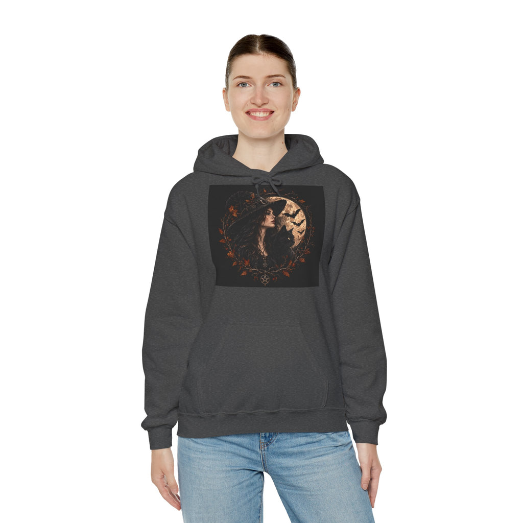 Witch hoodie with moonlit gothic artwork and autumn foliage
