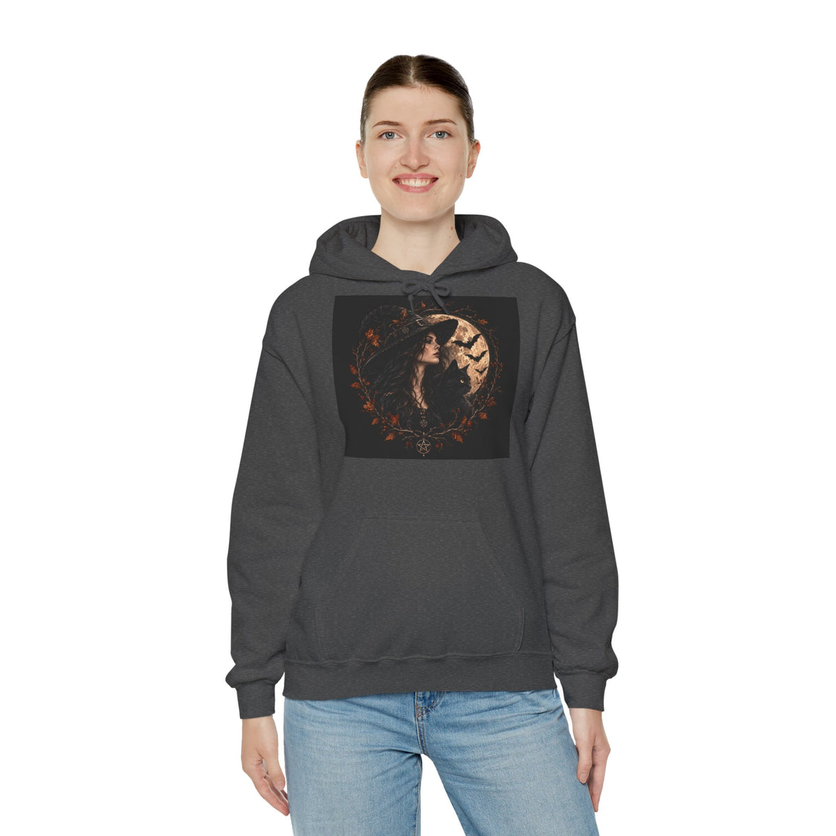 Witch hoodie with moonlit gothic artwork and autumn foliage