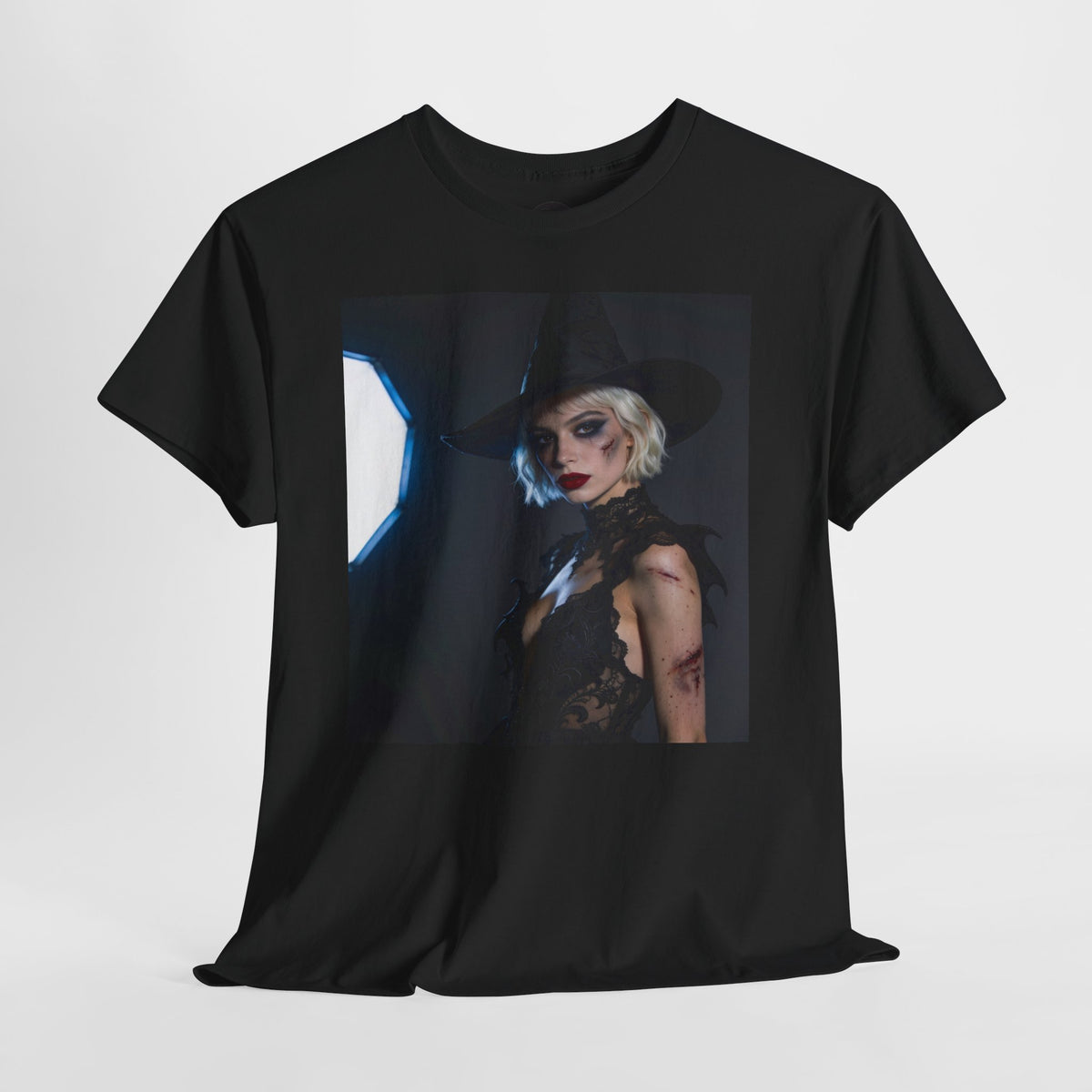 Gothic witch T-shirt with artistic witch portrait and dark Halloween design