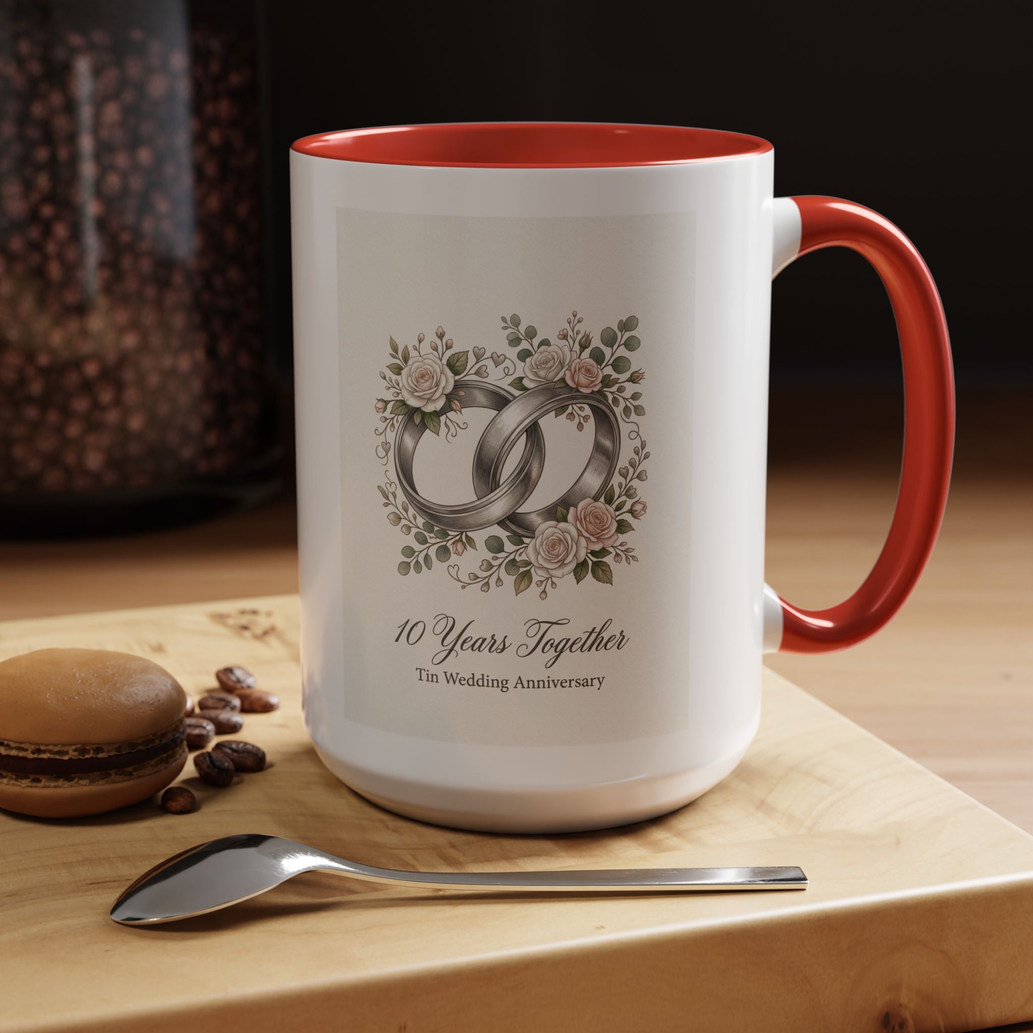 10th Wedding Anniversary Tin Rings Coffee Mug — '10 Years Together' Floral Accent