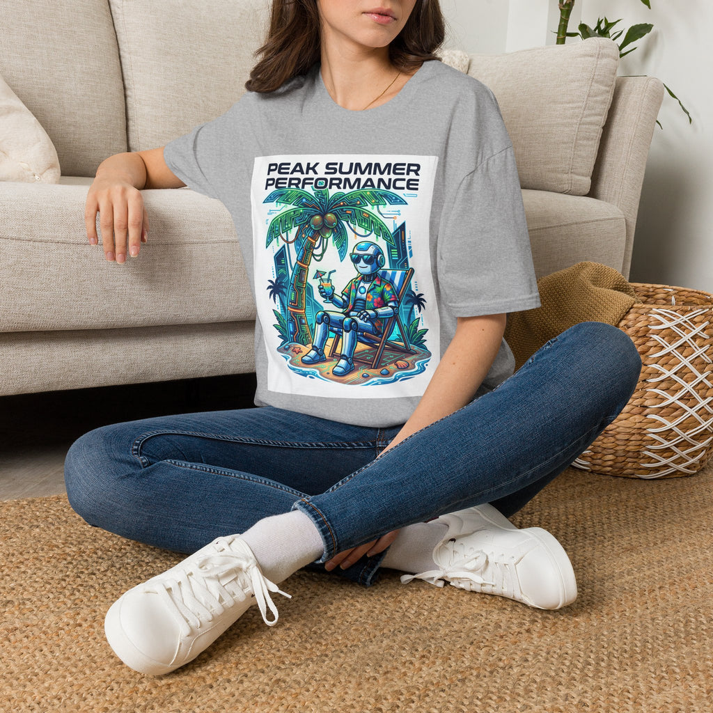 Peak Summer Performance T-Shirt — Retro Palm Tree & Relaxing Robot Graphic Tee